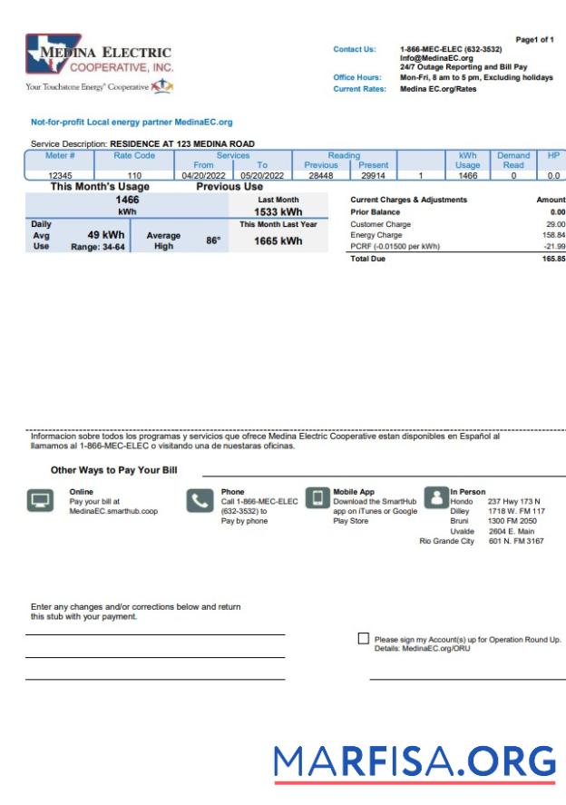 Blank USA Texas Medina Electric utility bill template in Word and PDF format